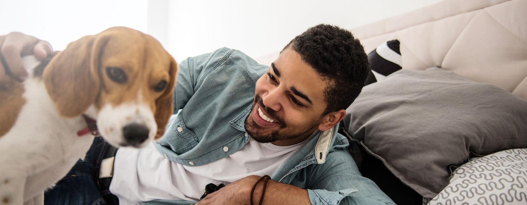 man smiles and pets his dog on a bed